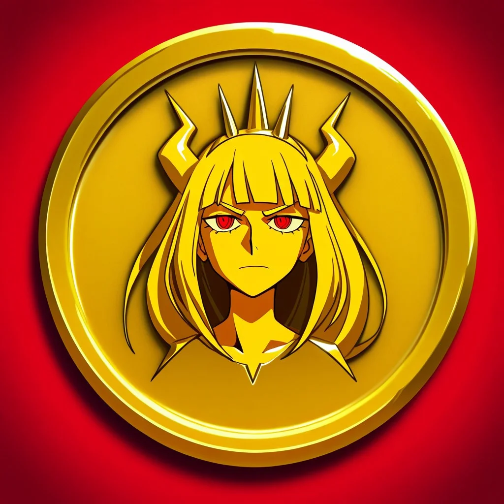 masterpiece, best quality, newest, absurdres, highres, anime, anime style, TheC0in-golden, gold, golden coin, coin, TheC0in,
1girl, lucifer \(helltaker\),