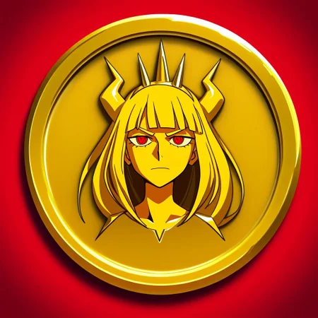 masterpiece, best quality, newest, absurdres, highres, anime, anime style, TheC0in-golden, gold, golden coin, coin, TheC0in,
1girl, lucifer \(helltaker\),