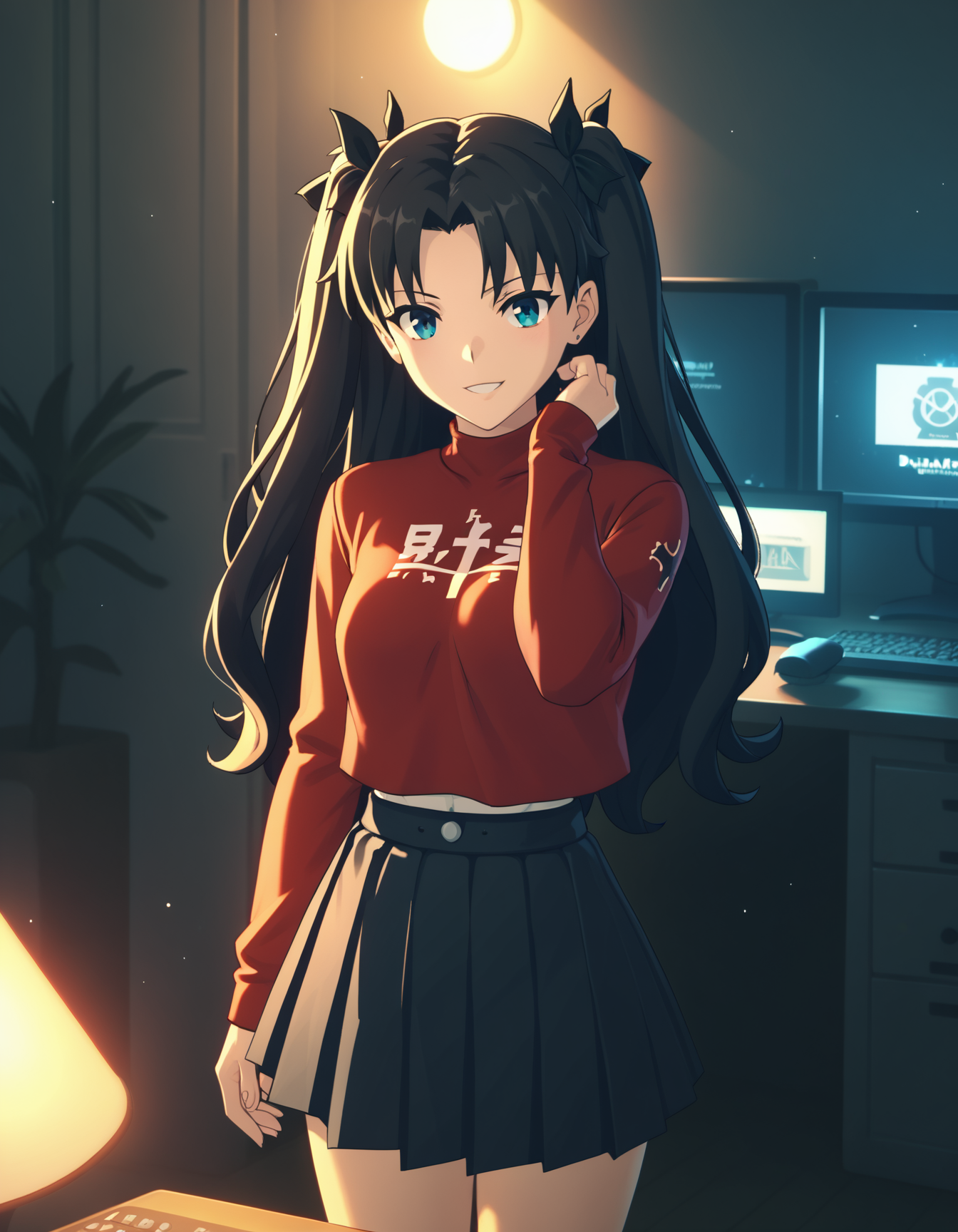score_9,  score_8_up, score_7_up, <lora:zzz-pack-ponyxl:0.7> 1girl, tohsaka rin, red sweater, pleated skirt, smile, indoors, monitor, dim lighting, glowing, night