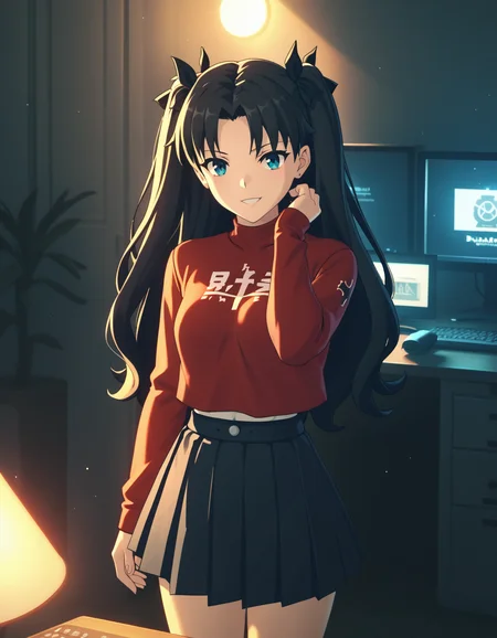 score_9, score_8_up, score_7_up, <lora:zzz-pack-ponyxl:0.7> 1girl, tohsaka rin, red sweater, pleated skirt, smile, indoors, monitor, dim lighting, glowing, night