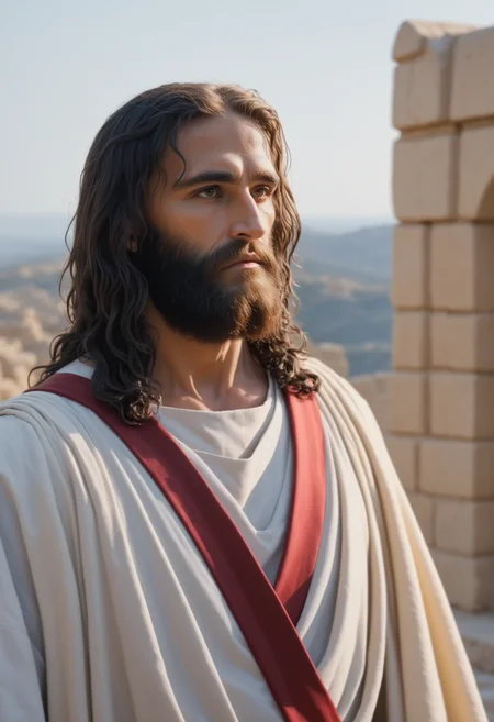 RAW cinematic photo, .35mm photograph, film, bokeh, professional, 4k, highly detailed, cinematic lighting, breathtaking photo of Jesus Christ,
 <lora:Real_Jesus_Christ:1> j35us_sot, 1man, jesus christ, dark hair, long hair, beard, facial hair, olive skin, brown eyes, solo, side view, wearing white robes and a red sash, Jerusalem scenery, ancient times,