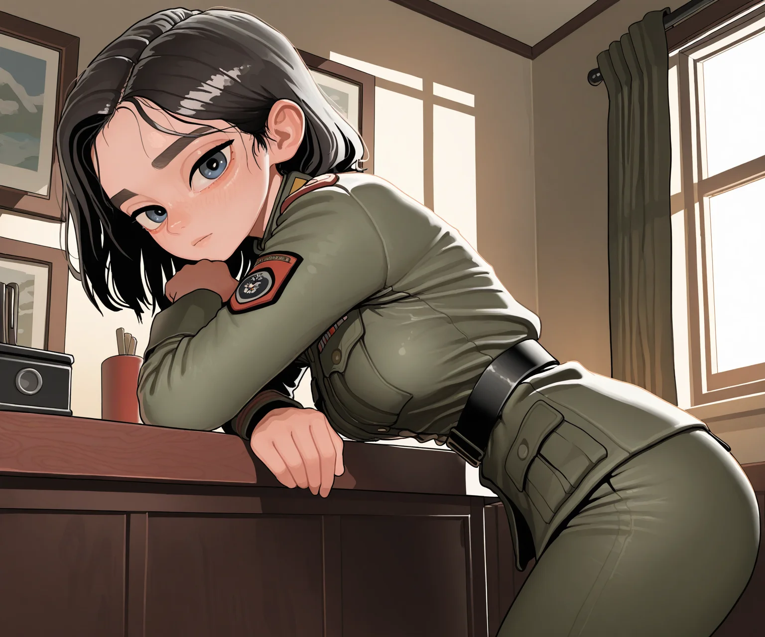 masterpiece, best quality, amazing quality, sfw, 1girl, solo, military uniform, looking at viewer, indoors, <lora:Rifleman style ILL-v2:1> riflemanstyle