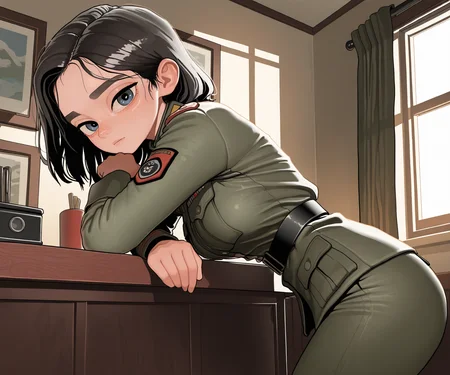 masterpiece, best quality, amazing quality, sfw, 1girl, solo, military uniform, looking at viewer, indoors, <lora:Rifleman style ILL-v2:1> riflemanstyle