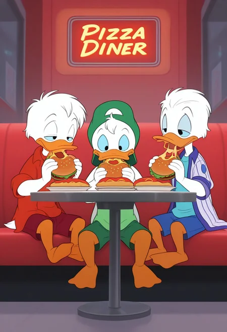 q4ckp4ck, Sitting on couch, 3boys, male focus, sfw, arcade diner, table, crossover, holding, eating, 
Huey duck, 1boy, blue eyes, white hair, beak, red shirt, sleeves rolled up, red undershirt, red shorts, burger, wide eyes, 
Dewey duck, 1boy, blue eyes, white hair, beak, striped shirt, blue shorts, blue undershirt, pizza, narrowed eyes, 
Louie duck, 1boy, blue eyes, [backwards hat], beak, green tanktop, green shorts, [barefoot shoulders], hotdog, narrowed eyes,