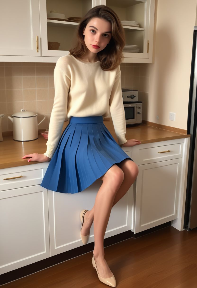 Slender classy Belle, pleated skirt, chill, sitting on kitchen cabinet, perfect feet, wide sweater falling from her shoulder, extremely cute and smooth, morning lights,  photo taken with iphone 5 short blue skirt