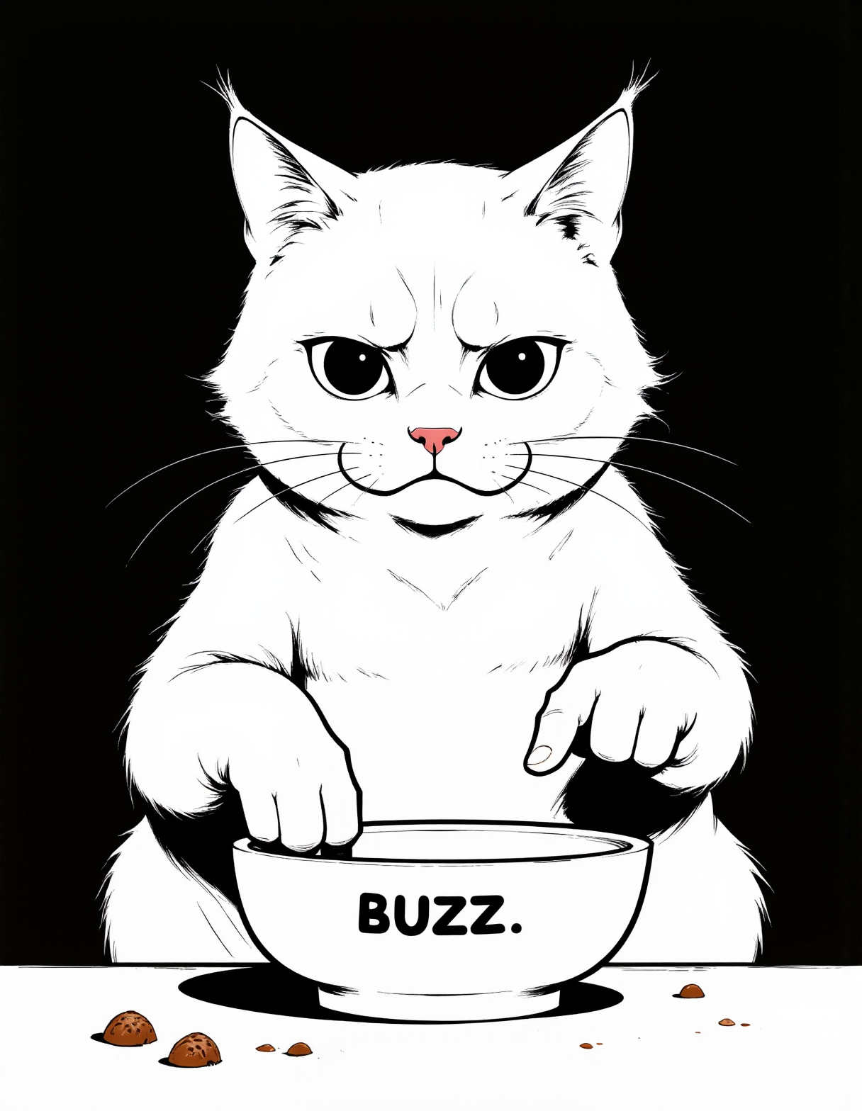 In Niji Stan Katayama style. A very sad cat points to his empty bowl. It says "BUZZ" on the bottom of the bowl. <lora:FLUX\Niji B.safetensors:1.0:1.0>