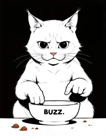 In Niji Stan Katayama style. A very sad cat points to his empty bowl. It says "BUZZ" on the bottom of the bowl. <lora:FLUX\Niji B.safetensors:1.0:1.0>