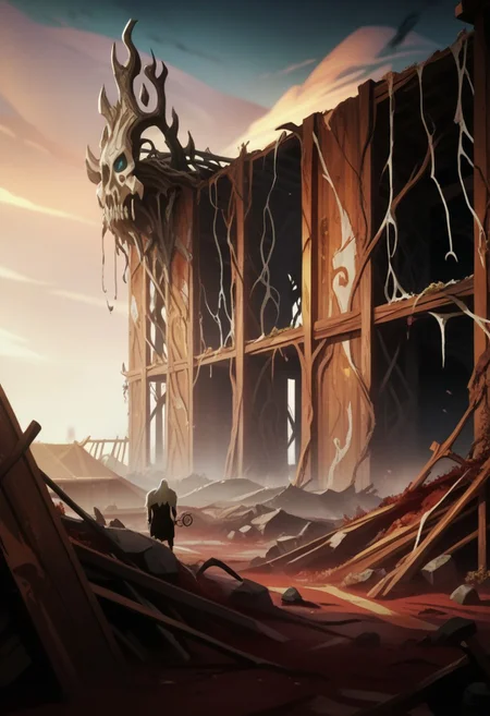 score_9, score_8_up, score_7_up,score_6_up, S1GR1DTotG, source_hentai, source_anime, A portrait of a Viking shieldmaiden standing amidst the ruins of a once-great village, now reduced to ashes and rubble. Her armor is scorched, and her braids are singed. The background is filled with the remnants of smoldering buildings, with the sky above heavy with dark, swirling clouds.Scorched wooden beams from collapsed structures protrude from the rubble, blackened and twisted by fire.Thin tendrils of smoke rise from smoldering piles of ash and debris, adding a sense of recent destruction.The skeletal remains of a Viking longhouse stand in the background, with its roof caved in and walls partially collapsed.Shredded Viking banners hang limply from broken poles, their once-proud symbols now faded and torn. Holding a tattered Viking banner in both hands, her expression filled with pride and sorrow as she gazes at