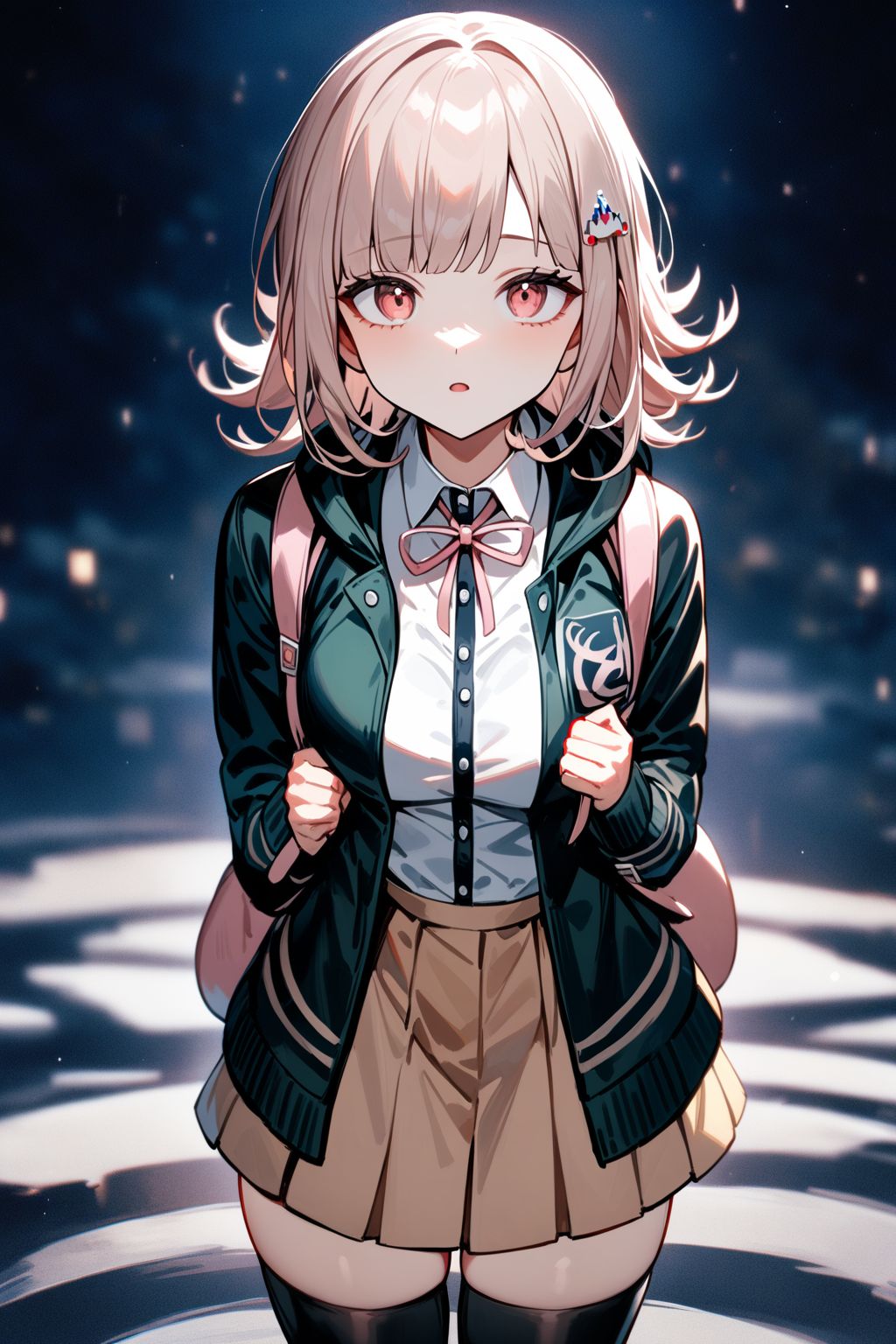<lora:nanami_chiaki AID XL-000002:1>,1girl,solo,nanami chiaki,hair ornament,lack jacket,long sleeves,two-tone shirt,neck ribbon,brown skirt,thighhighs,backpack,Standing on the ground,frontal,front view,Positive por,masterpiece,best quality,very aesthetic,absurdres,
