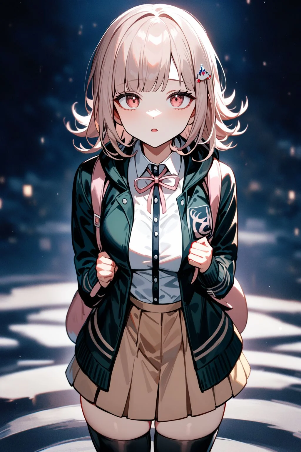 <lora:nanami_chiaki AID XL-000002:1>,1girl,solo,nanami chiaki,hair ornament,lack jacket,long sleeves,two-tone shirt,neck ribbon,brown skirt,thighhighs,backpack,Standing on the ground,frontal,front view,Positive por,masterpiece,best quality,very aesthetic,absurdres,
