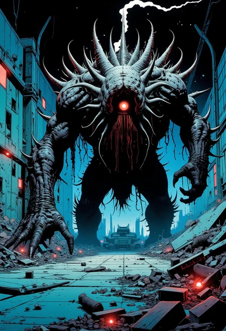 Comic book style A monstrous, faceless entity crawls menacingly along the far left side of a cavernous hangar, its colossal, muscular form filling the space even from this off-center position. The vast hangar stretches out beside it, with industrial metal walls streaked in dark, oily stains and piles of scattered debris from broken machinery, all cast in dim blue ambient light. Red alarm lights flicker sporadically from damaged panels, casting sharp, sinister glows that accentuate the creature’s twisted, spiked tentacles as they grip and scrape across the metal floor. Instead of a head, there is a jagged cavity on its upper body, ringed with rows of brutal, serrated spines and pulsing tissue. The entity’s bulk dominates the left side of the scene, with its unsettling mass and relentless, crawling advance giving an impression of immense, lurking power against the backdrop of the hangar’s empty expanse, making it feel as though it's inching closer from the shadows