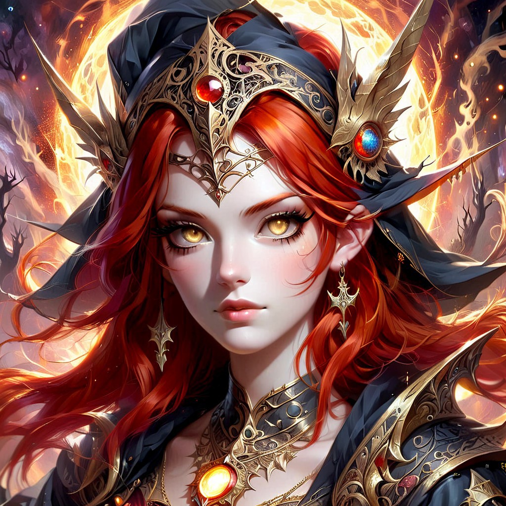 a witch with bright red hair, golden eyes, wearing a intricate headpiece