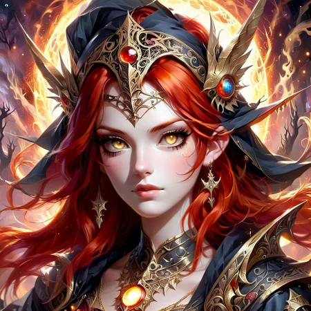 a witch with bright red hair, golden eyes, wearing a intricate headpiece