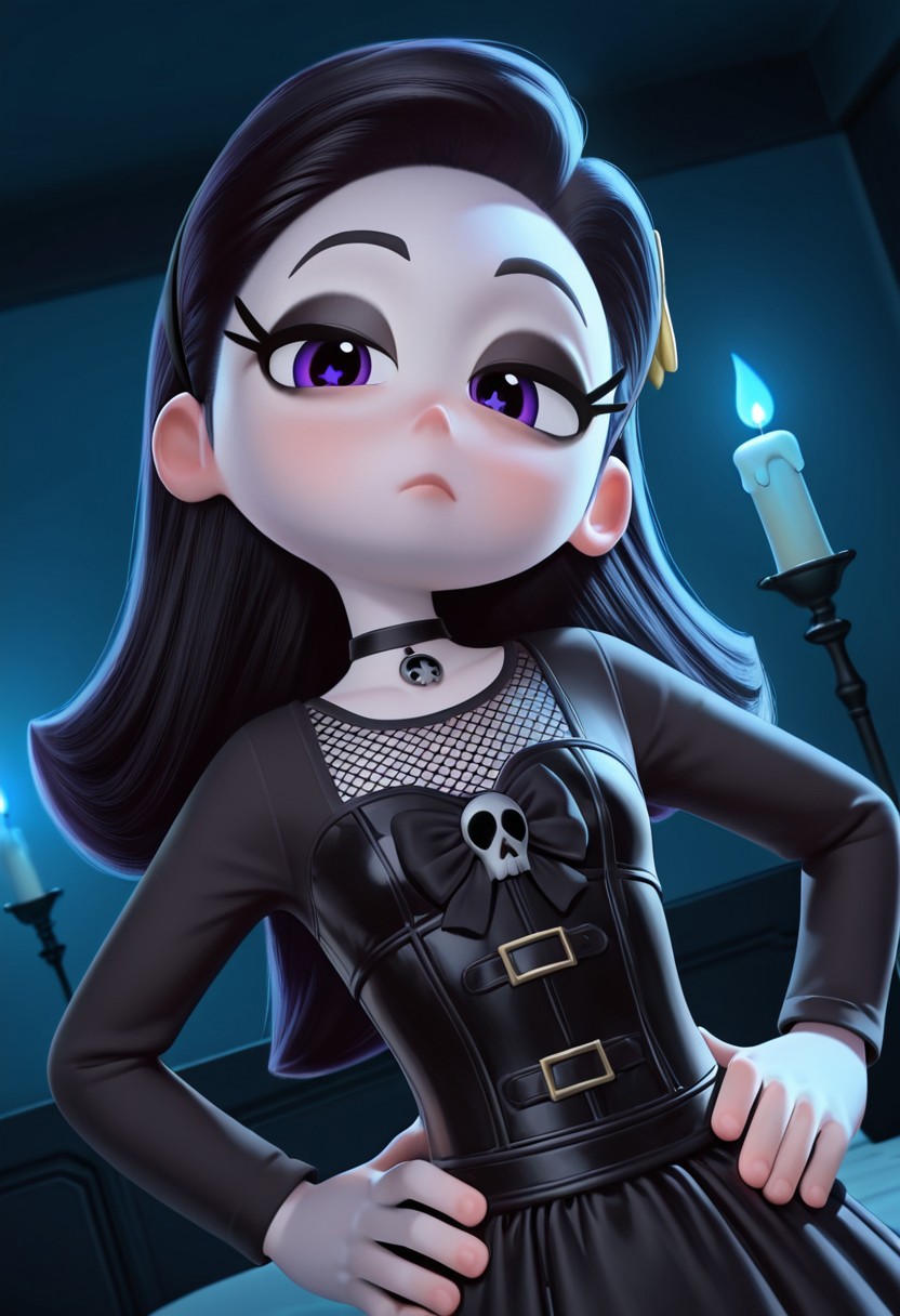 Purple_Star, 1girl, solo, Goth girl, black bow, black headband, black  eyeshadow, black makeup, black, black_hair, Pale white skin, Choker, black leather corset top, Mesh shirt, black long-sleeve Top, black ruffle Skirt, black knee-high Boots,  (Bored,dutch angle, Hands on hips,naughty pose, looking at viewer, indoors, Dark room, candle, blue light, skull, dynamic pose, upper body, head tilt,),