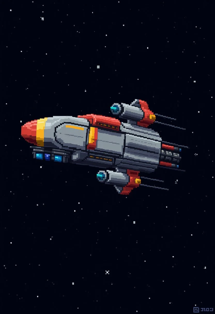 a enemy space ship, main color grey, with red and yellow details, attatched missle launchers, blue thruster , on a dark starry background
<lora:dvr-pixel-flux:1> dvr-pixel-flux