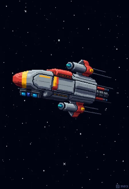 a enemy space ship, main color grey, with red and yellow details, attatched missle launchers, blue thruster , on a dark starry background
<lora:dvr-pixel-flux:1> dvr-pixel-flux