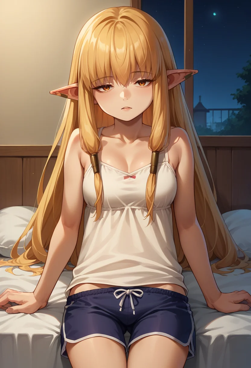 score_9, score_8_up, source_anime, 1girl, solo, Serie, long hair, hair tubes, ear bar, sleepwear, camisole, shorts, on bed, night, <lora:ChamSeriePonyXL:1>