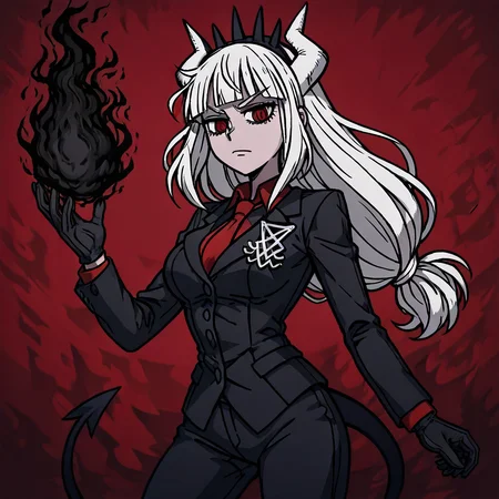 masterpiece, best quality, newest, absurdres, highres, A/BFV1.0, black fire, fire, flame 1girl, lucifer (helltaker), black suit, red necktie, black collared shirt, black gloves, blunt bangs, demon horns, demon girl, demon tail, red eyes, white hair, long hair