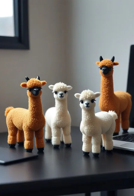 three miniature plastic toy alpacas at the office, boring work life, the alpacas are differently colored and differently sized, CreepyCuteMagical, novuschroma53 style