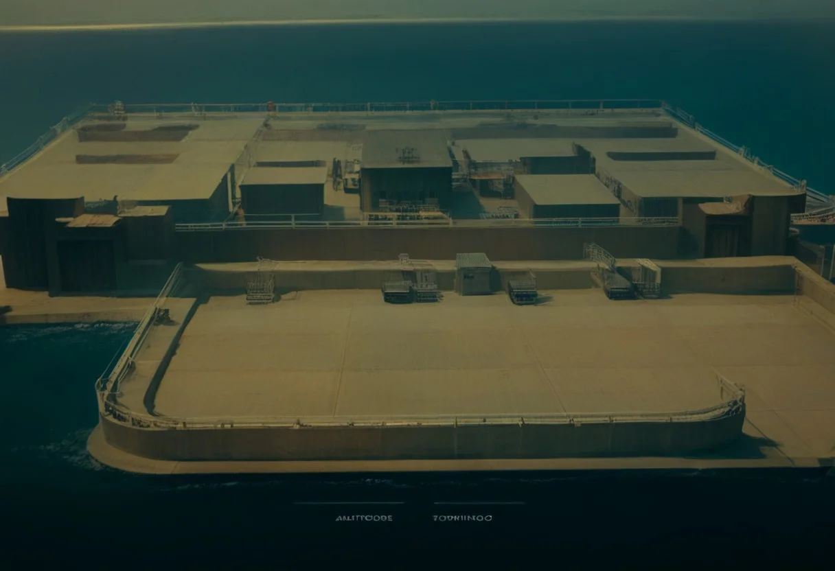 score_9, score_8_up, score_7_up, score_6_up, score_5_up, score_4_up, an oil rig in the middle of the ocean with scaffolding and scaffolding on it, outdoors, water, english text, no humans, building, scenery, watercraft, boat, Industrial_Futurism,