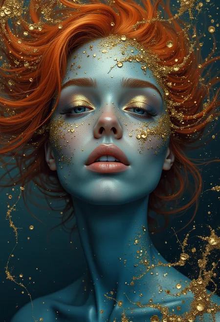 A woman in blue paint with a red hair, in the style of hyperrealistic marine life, dark gold and gold, hauntingly beautiful illustrations, fantasy-inspired, distinct facial features, serene faces, orange and gold