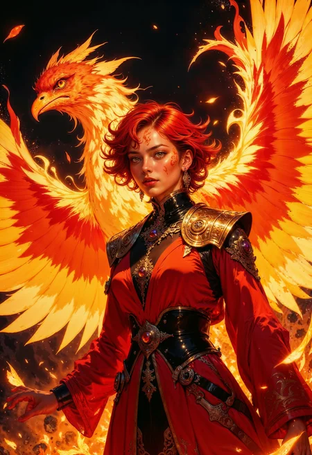 Clad in robes of flickering flame and adorned with golden runes, the Emberheart Sorceress is a walking inferno of power and passion. Her fiery red hair crackles like a living blaze, and her molten gold eyes burn with the intensity of an eternal fire. At her side soars a magnificent phoenix, its feathers ablaze with hues of crimson, orange, and gold. With each beat of its wings, embers rain down, igniting the air with sparks of magic. Together, they embody rebirth and destruction, their presence heralding either salvation or ruin, depending on the hearts of those who stand before them.