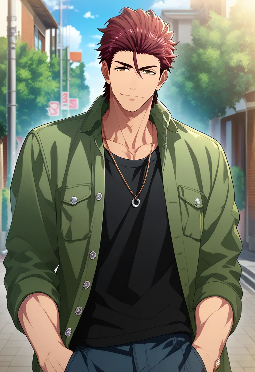 1boy, male focus,
<lora:Character - Kenka Bancho Otome - Houou Onigashima:1> houou, brown eyes, red hair, hair slicked back,
((zPDXL)), score_9_up, score_8_up, score_7_up, score_6_up, score_5_up, score_4_up, best quality, amazing quality, best aesthetic, absurdres, year2023, nsfw, game cg, official art, official style, uncensored,
<lora:Style - Ecstasy_Emperess:0.5> emper3ss, looking at viewer,
outdoors, street,
ring necklace, green jacket, black tanktop,