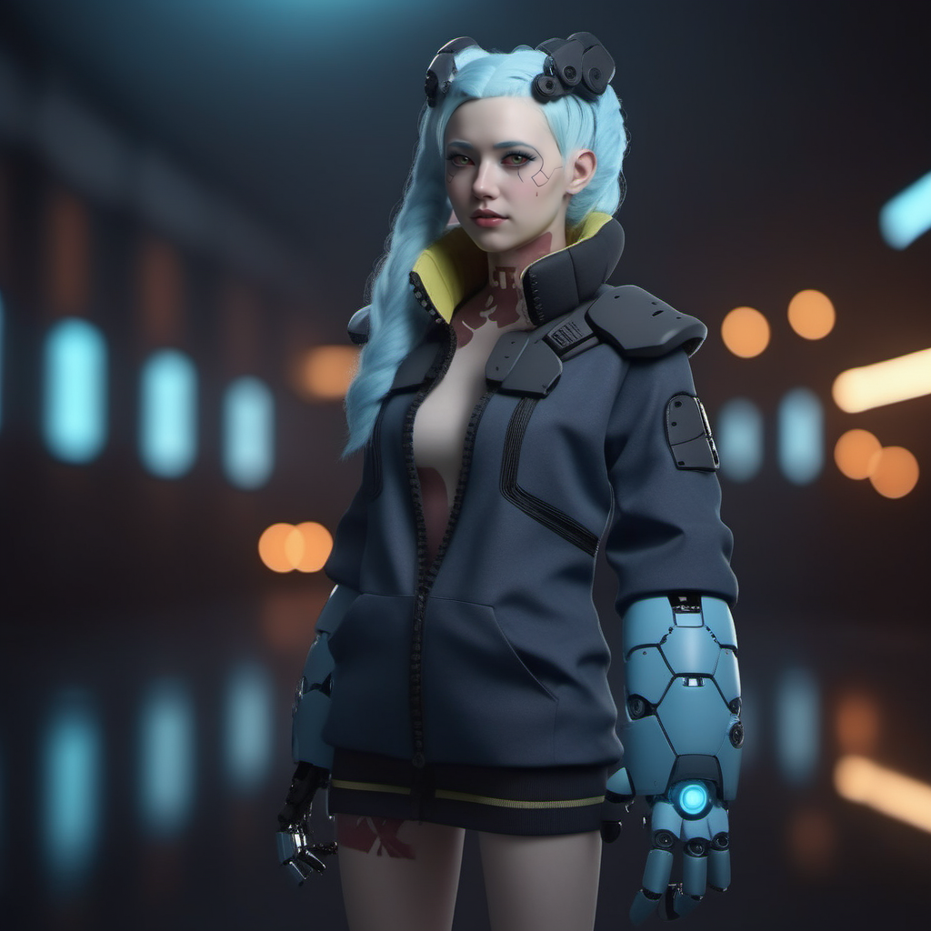 a woman with light blue skin, ligh blue hair, long pigtails,  wear a jacket, robotic big hands, cyberpunk background, highly detailed, photography, ultra sharp, film, bokeh, professional, 64k <lora:Rebecca1024:0.8>