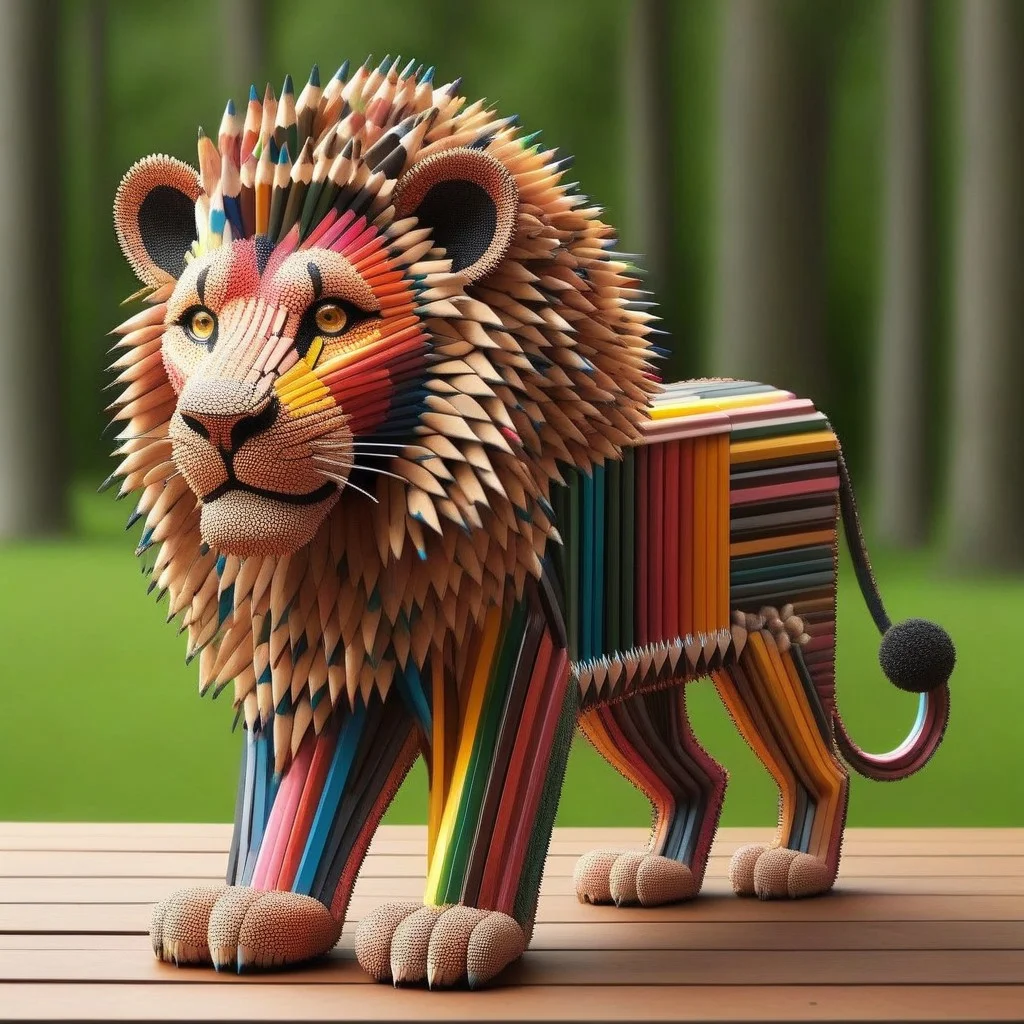 cute lion made out of pencils, office like savannah landscape, Pencil_morph_style