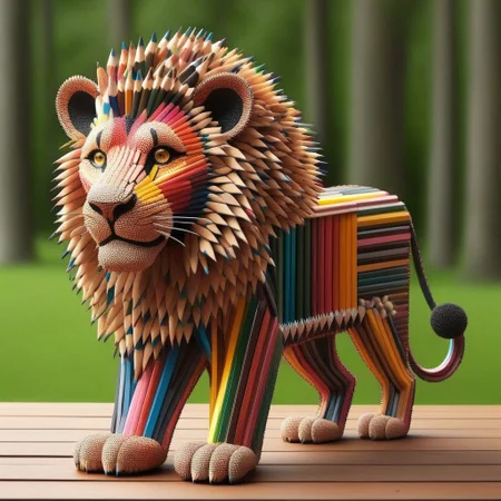 cute lion made out of pencils, office like savannah landscape, Pencil_morph_style