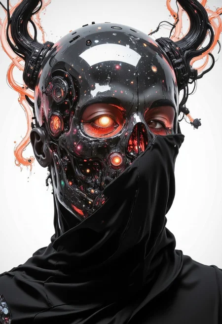 A rootform celestial, ethereal portrait of an infinite godlike skull soldier being. Its head is a vast, translucent expanse, revealing swirling galaxies, cosmic storms, and nebulae endlessly shifting within. A dark, sleek robe, adorned with intricate, ancient glyphs of unknown origin, drapes over its form, merging technology with divinity. The face is an abyss—an unfathomable void filled with the luminous dance of stars and time itself. The cosmic background extends infinitely, woven with nebulae and stardust, suggesting the deity's boundless presence. Dramatic lighting emanates from the being’s core, casting radiant highlights across its crystalline essence. The mood is transcendent, awe-inspiring, evoking the silent majesty of an omniscient force. A surreal fusion of sci-fi and divine mysticism, with high contrast and deep shadows. The perspective, slightly below, reinforces its overwhelming presence. The being exists beyond time, beyond space—an eternal watcher, gazing through the infinite fabric of existence. nistyle, monochrome Manga Sketch, extreme hood Closeup, a dark ethereal ghosts black hood, Killing Gaze smile, eerie, eyes Shrouded in darkness, hyperdetailed manga sketch style, with bleached vibrant red color Highlights, grey, and white color grading. Translucent orange Backdrop with Glitch effects in another contrast application
