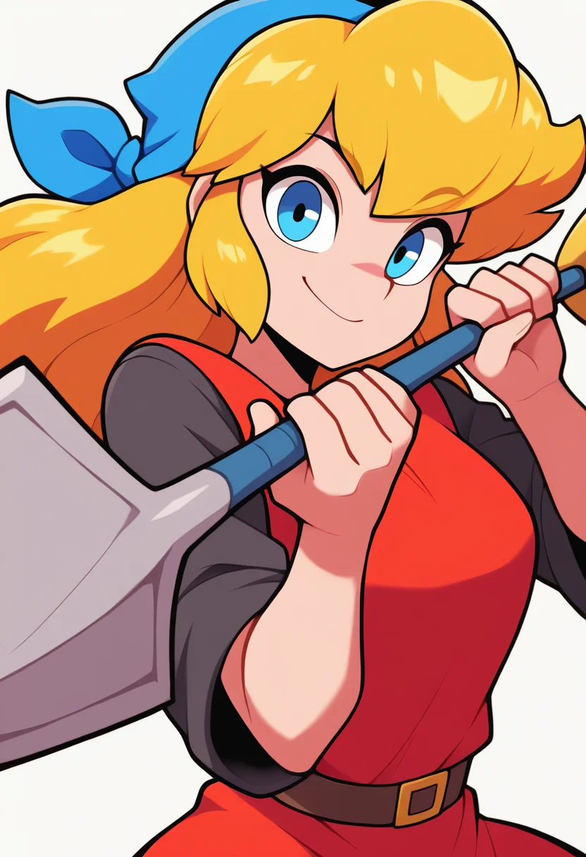 masterpiece, best quality, very aesthetic, absurdres,
1girl, cadence, blue eyes, blonde hair, long hair,
blue bandana, red tunic,
upper body,
smile, looking at viewer, solo, simple background, white background <lora:CadenceIllustriousXL_byKonan:1>