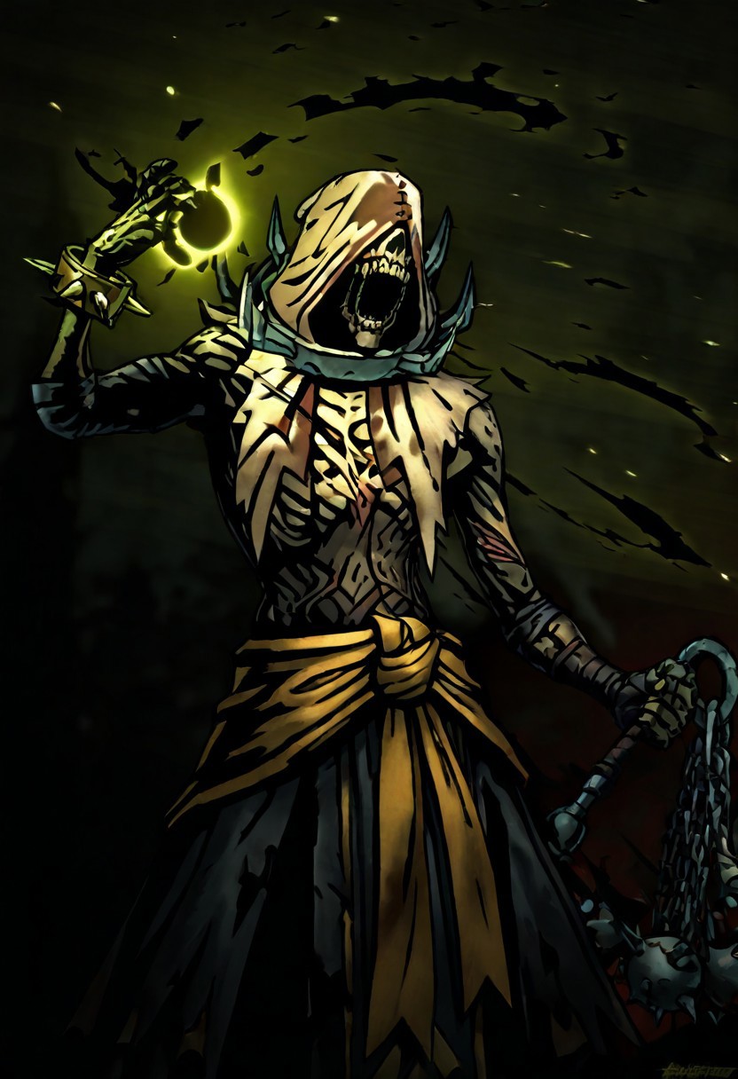 masterpiece, best quality, newest, absurdres, highres, DDstyle, official style, 
1boy, DDFLA-V1.1, collar, spiked collar, hood, scar, sash, spikes, undead, zombie, hood, hood up, teeth, bracelet,
weapon, flail, holding weapon, holding flail,
