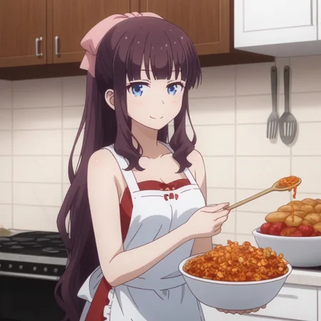 hifumi takimoto, solo, 1girl, apron, cooking, kitchen, (smiling:0.5),,
delicious food, beautiful food,colorful food,,
looking at viewer,, 2D, anime style, anime coloring,,masterpiece, best quality, absurdres, very aesthetic