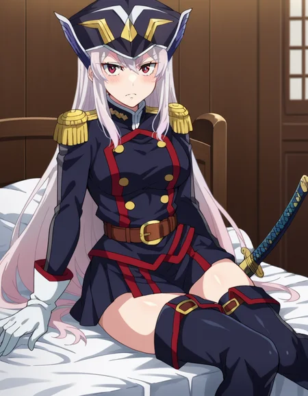 score_9, score_8_up, score_7_up, source_anime,
kyoukauzen, <lora:kyouka-uzen-s1-ponyxl-lora-nochekaiser:1>
kyouka uzen, long hair, red eyes, very long hair, white hair,
thighhighs, gloves, hat, boots, belt, sword, uniform, zettai ryouiki, military, military uniform, thigh boots, shako cap,
indoors, bed, bed room, on side, blush, drunk,
looking at viewer, cowboy shot, dutch angle, solo,