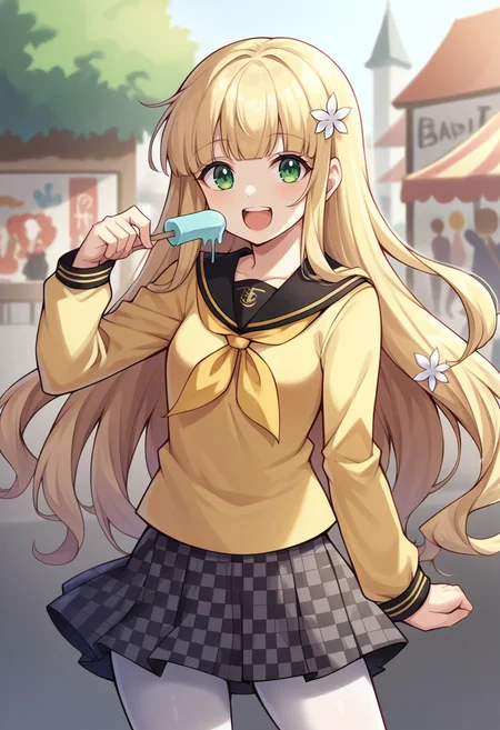 score_9, score_8_up, score_7_up, source_anime BREAK 1girl, solo,  <lora:zs_ReiXL:1> reipq, very long hair, blonde hair, hair flower, green eyes, yellow serafuku, grey checkered skirt, white pantyhose, happy, eating ice cream, festival