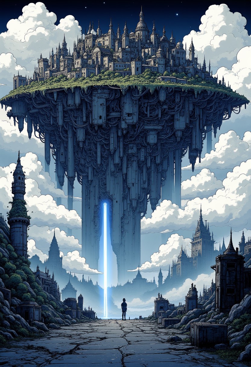 Nistyle, monochrome Manga Sketch, A image of a large old outworn Overgrown and weathered flying island Fortress, in dense clouds, humid atmosphere, atmospheric background lighting, with Low Key bleaked blue color spots