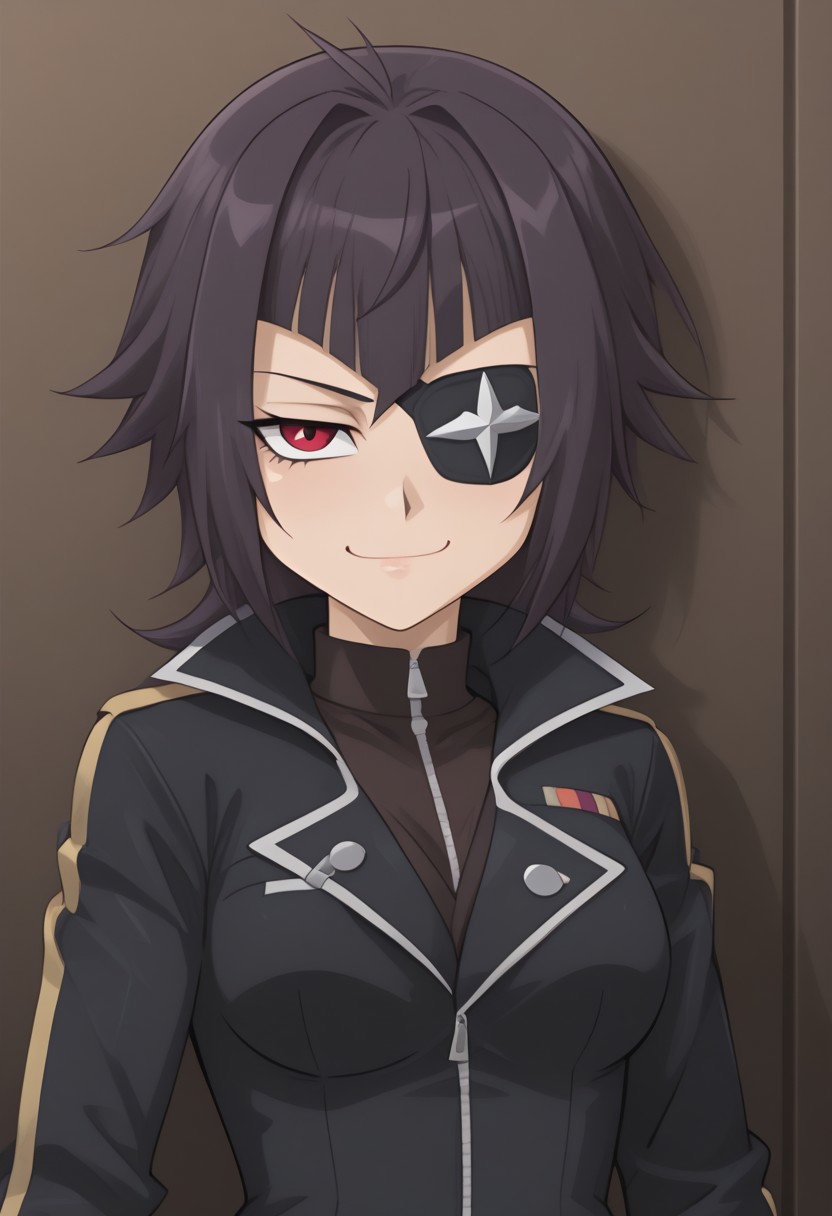 best quality, YGO, 1girl, eye patch, dark skin, smug,