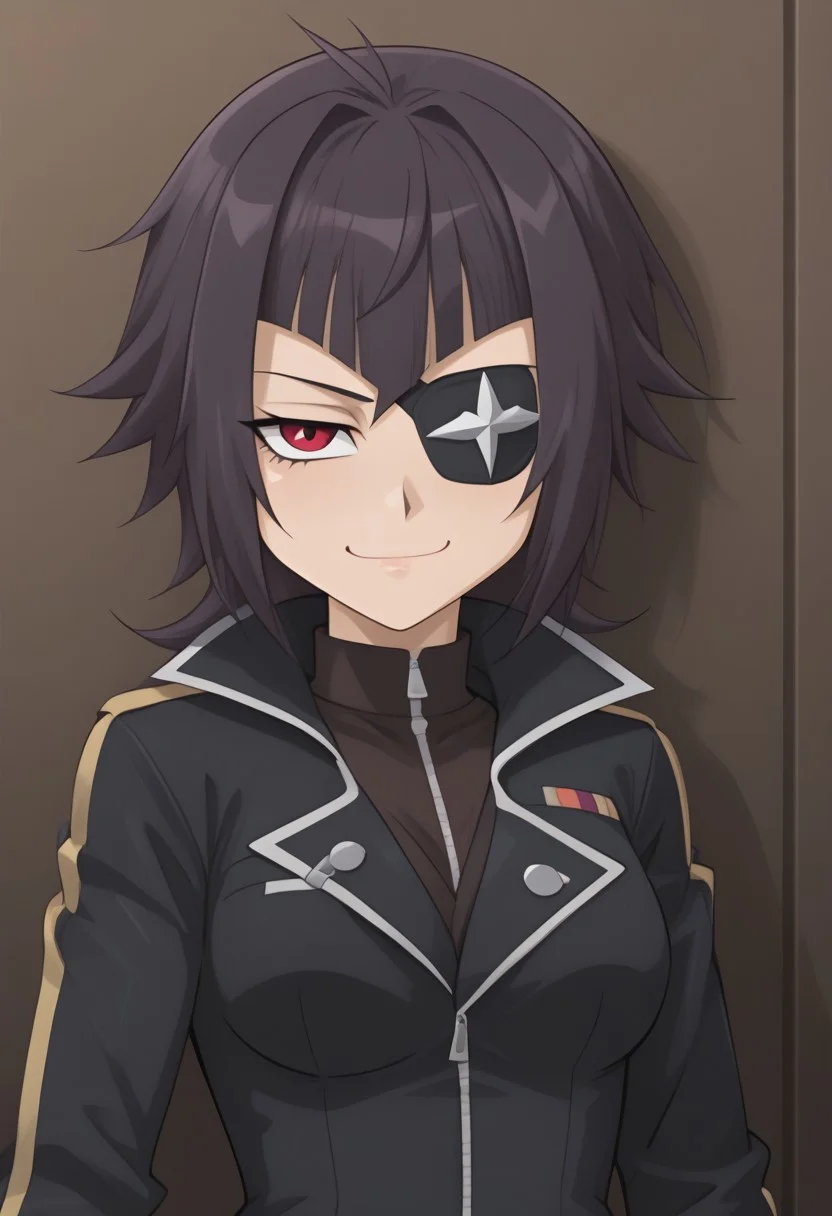 best quality, YGO, 1girl, eye patch, dark skin, smug,
