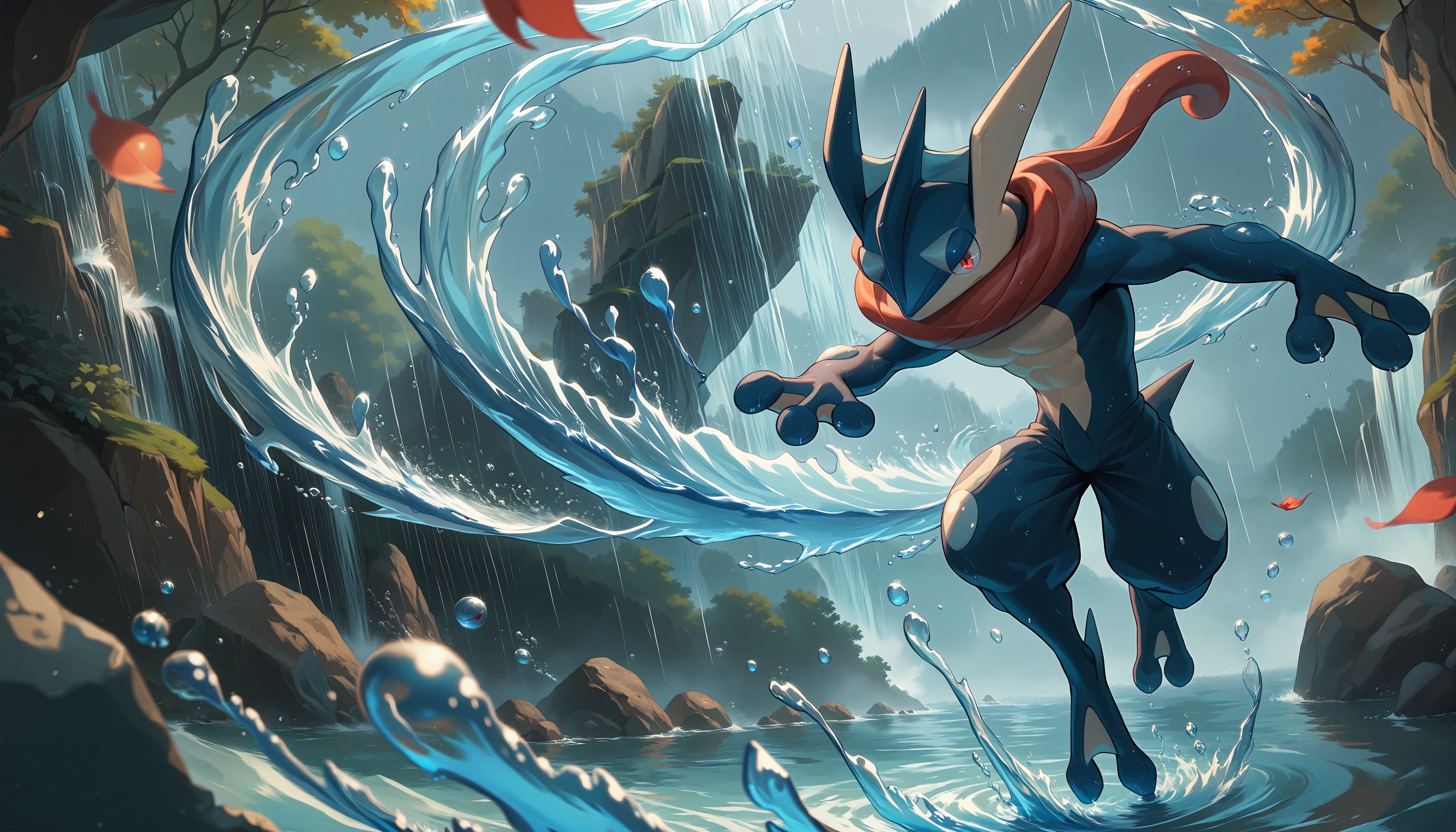 score_9,score_8_up,score_7_up,score_6_up,<lora:StS_PonyXL_Detail_Slider_v1.4_iteration_3:4>,<lora:POKEMON_GRENINJA:1>,Greninja,pokemon (creature),red eyes,shuriken,furry,solo,running,midair,motion blur,close up,waterfall,wind,rain,falling leaves,rock,from below,<lora:Water_magic_Magic_PACK:1>,watmagmb,water,Waves,Water ball,Water spiral,Water vortex,