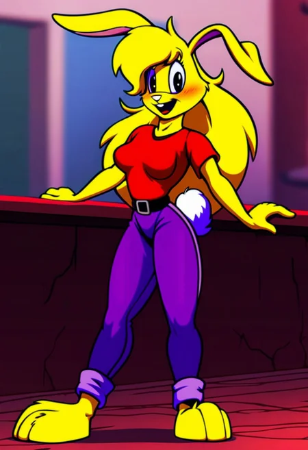 score_9, score_8_up, score_7_up, score_6_up, score_5_up, score_4_up, retro artstyle, BREAK
LoriJackRabbitPXL, rabbit girl,long yellow hair,yellow skin,1girl, solo,rabbit tail,yellow skin, animal ears, pants, black eyes, colored skin,rabbit ears,long yellow hair, belt, smile, shirt, black belt, open mouth, looking at viewer,rabbit girl,rabbit tail, full body, breasts, standing, furry female, blush, red shirt,purple pants, :d, indoors,barefoot,furry, midriff peek
<lora:lorijackrabbit-v1:0.9>