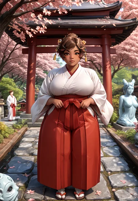 Ponyscores7, expressiveh, masterpiece, best quality, high quality, detailed, dickerchen, bedroom, detailed bedroom, eyeshd, D3monGr1llz, source_anime, eyeshd, 1girl, solo, eva_jhai, 1girl solo, dark skinned female, plump, large breasts, thick thighs, belly, short neck, thick lips, short eyebrows, short hair, brown hair, orange eyes, mole on breast, standing, mikofa, very detailed clothes, japanese shrine, cherry blossoms, cherry blossom tree, stone floorway, outdoor, forest, red japanese gates, little stone statue, detailed background, red hakama, full body
