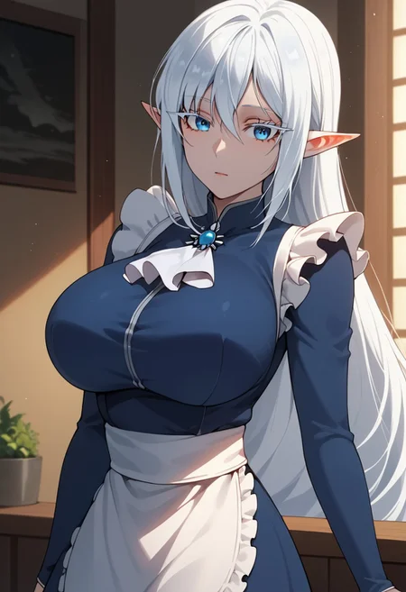 ((beautiful eyes, shinny eyes,eye catching, eye catching,eye catching:1)), knee white boots, schnee raizar, blue eyes, white eyelashes, white hair, long hair, large breasts, pointy ears, long blue dress, white apron, long sleeves, score_9, score_8_up, score_7_up, BREAK source_anime, schnee raizar, blue eyes, white eyelashes, detail1eye,, white hair, long hair, large breasts, pointy ears, long blue dress, white apron, long sleeves,