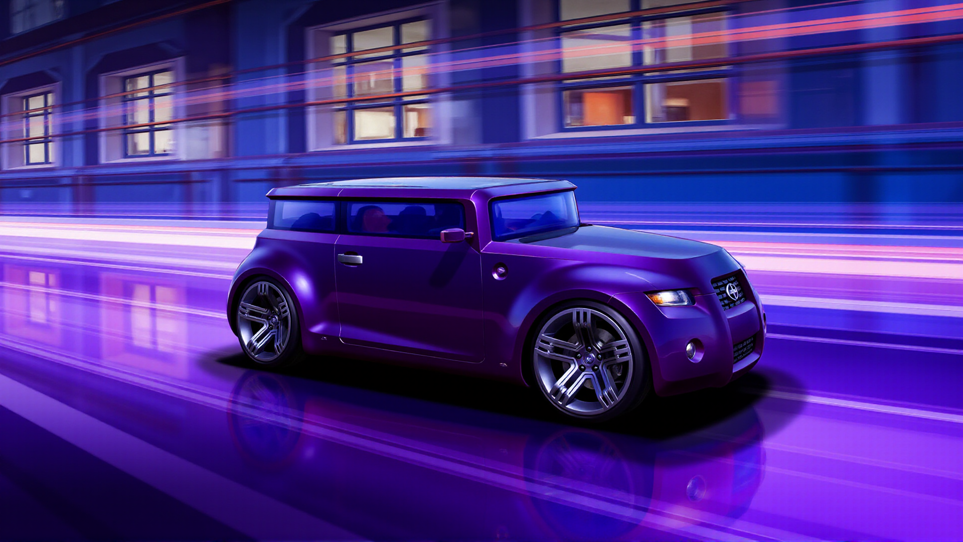 The Scion Hako Coupe Concept speeding along a glowing, elevated racetrack in a neon-filled future city. The car is painted in matte black with holographic purple racing stripes, reflecting the vibrant cityscape below. The close-up shot captures the spinning polished alloy wheels and a dynamic angle of the sculpted hood, with trails of neon light streaming behind the car, emphasizing its speed and power
 <lora:ral-hkcpcncpt_000004000:1>