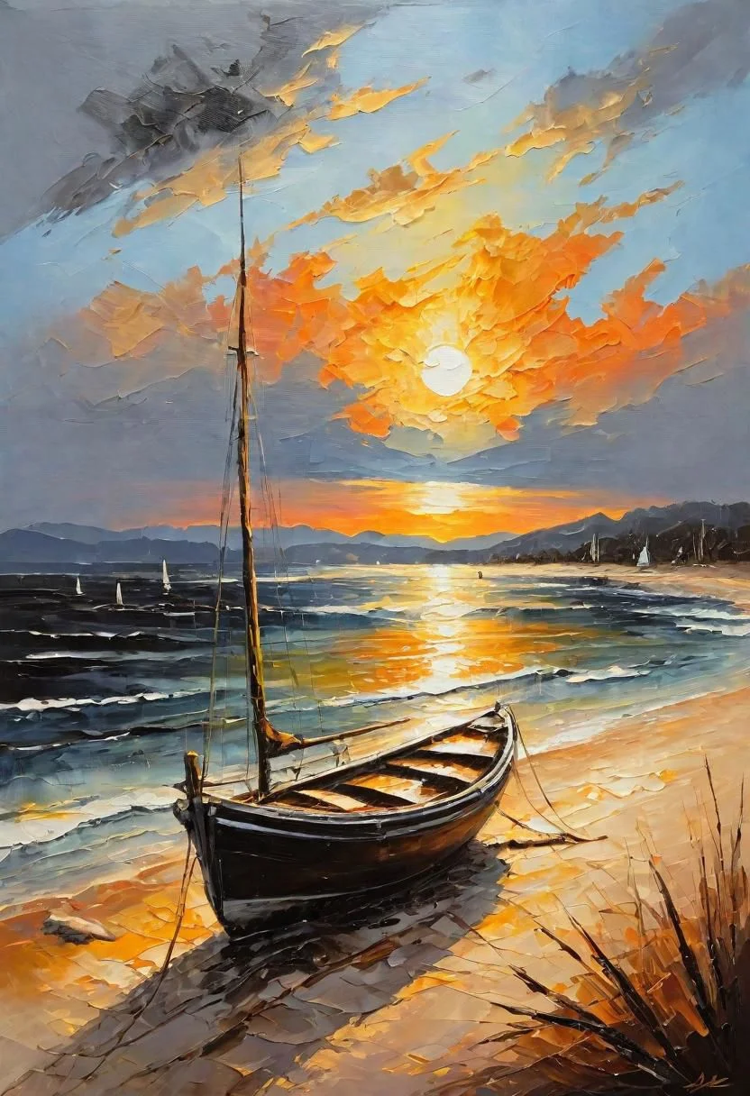 Impressionist oil painting on an old canvas, sunset on the beach , yatch on the sea, energetic strokes, black and bronze palette, fine and detailed strokes