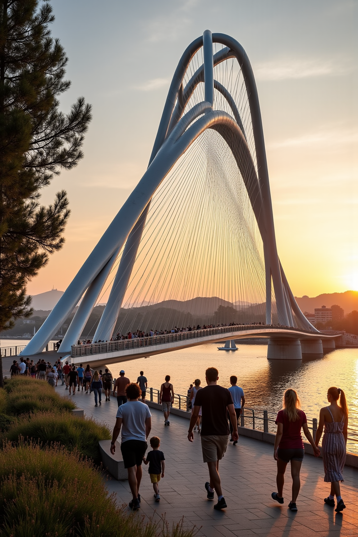 YFG-Sm0rg, A sleek and modern steel bridge with a series of arching beams that crisscross in a complex pattern, evoking the distinct style of Santiago Calatrava. The bridge is situated over a serene and tranquil lake at dusk, with a warm orange glow casting long shadows across the water.
The steel structure, clad in gleaming silver panels, rises dramatically from the landscape, its abstract forms seemingly defying gravity as they stretch towards the sky. The intricate network of beams and arches that comprise the bridge's superstructure appears to be in constant motion, as if it were a living entity.
In the foreground, a group of pedestrians walk along the bridge's promenade, their silhouettes starkly contrasted against the vibrant hues of the setting sun. Some pause to admire the breathtaking views of the surrounding landscape, while others stroll hand-in-hand, lost in conversation.
The scenery surrounding the bridge is lush and verdant, with towering trees and a sprinkling of wildflowers adding splashes of color to the scene. In the distance, a few sailboats drift lazily across the lake's surface, their masts swaying gently in the breeze.
The overall effect is one of dynamic movement and energy, as if the very landscape itself were alive and in motion. The Calatrava-style bridge stands proudly at its center, a testament to human ingenuity and creative expression.
Viewing angle: A wide-angle perspective, with the bridge situated directly in the center of the frame, and the lake's tranquil waters stretching out to the edges of the image. Expression: The pedestrians strolling along the promenade appear relaxed and carefree, lost in the beauty of their surroundings.
Skin tones: Vary from golden brown to pale skin, reflecting the diverse backgrounds and ethnicities of the bridge's visitors.
Hair styles: A mix of loose ponytails, messy buns, and stylishly coiffed hairdos, reflecting the individuality and self-expression of each pedestrian.
Clothing: A range of casual attire, including athletic wear, hiking boots, and flowing sundresses, blending seamlessly into the natural surroundings.
Scenery: The lake's calm waters reflect the vibrant hues of the setting sun, casting a warm glow across the surrounding landscape. Tall trees and wildflowers add depth and texture to the scene, while sailboats drift lazily across the water, their masts swaying gently in the breeze.