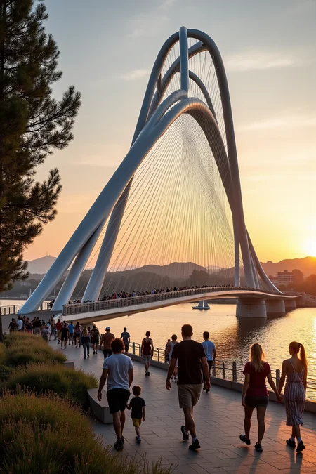 YFG-Sm0rg, A sleek and modern steel bridge with a series of arching beams that crisscross in a complex pattern, evoking the distinct style of Santiago Calatrava. The bridge is situated over a serene and tranquil lake at dusk, with a warm orange glow casting long shadows across the water.
The steel structure, clad in gleaming silver panels, rises dramatically from the landscape, its abstract forms seemingly defying gravity as they stretch towards the sky. The intricate network of beams and arches that comprise the bridge's superstructure appears to be in constant motion, as if it were a living entity.
In the foreground, a group of pedestrians walk along the bridge's promenade, their silhouettes starkly contrasted against the vibrant hues of the setting sun. Some pause to admire the breathtaking views of the surrounding landscape, while others stroll hand-in-hand, lost in conversation.
The scenery surrounding the bridge is lush and verdant, with towering trees and a sprinkling of wildflowers adding splashes of color to the scene. In the distance, a few sailboats drift lazily across the lake's surface, their masts swaying gently in the breeze.
The overall effect is one of dynamic movement and energy, as if the very landscape itself were alive and in motion. The Calatrava-style bridge stands proudly at its center, a testament to human ingenuity and creative expression.
Viewing angle: A wide-angle perspective, with the bridge situated directly in the center of the frame, and the lake's tranquil waters stretching out to the edges of the image. Expression: The pedestrians strolling along the promenade appear relaxed and carefree, lost in the beauty of their surroundings.
Skin tones: Vary from golden brown to pale skin, reflecting the diverse backgrounds and ethnicities of the bridge's visitors.
Hair styles: A mix of loose ponytails, messy buns, and stylishly coiffed hairdos, reflecting the individuality and self-expression of each pedestrian.
Clothing: A range of casual attire, including athletic wear, hiking boots, and flowing sundresses, blending seamlessly into the natural surroundings.
Scenery: The lake's calm waters reflect the vibrant hues of the setting sun, casting a warm glow across the surrounding landscape. Tall trees and wildflowers add depth and texture to the scene, while sailboats drift lazily across the water, their masts swaying gently in the breeze.