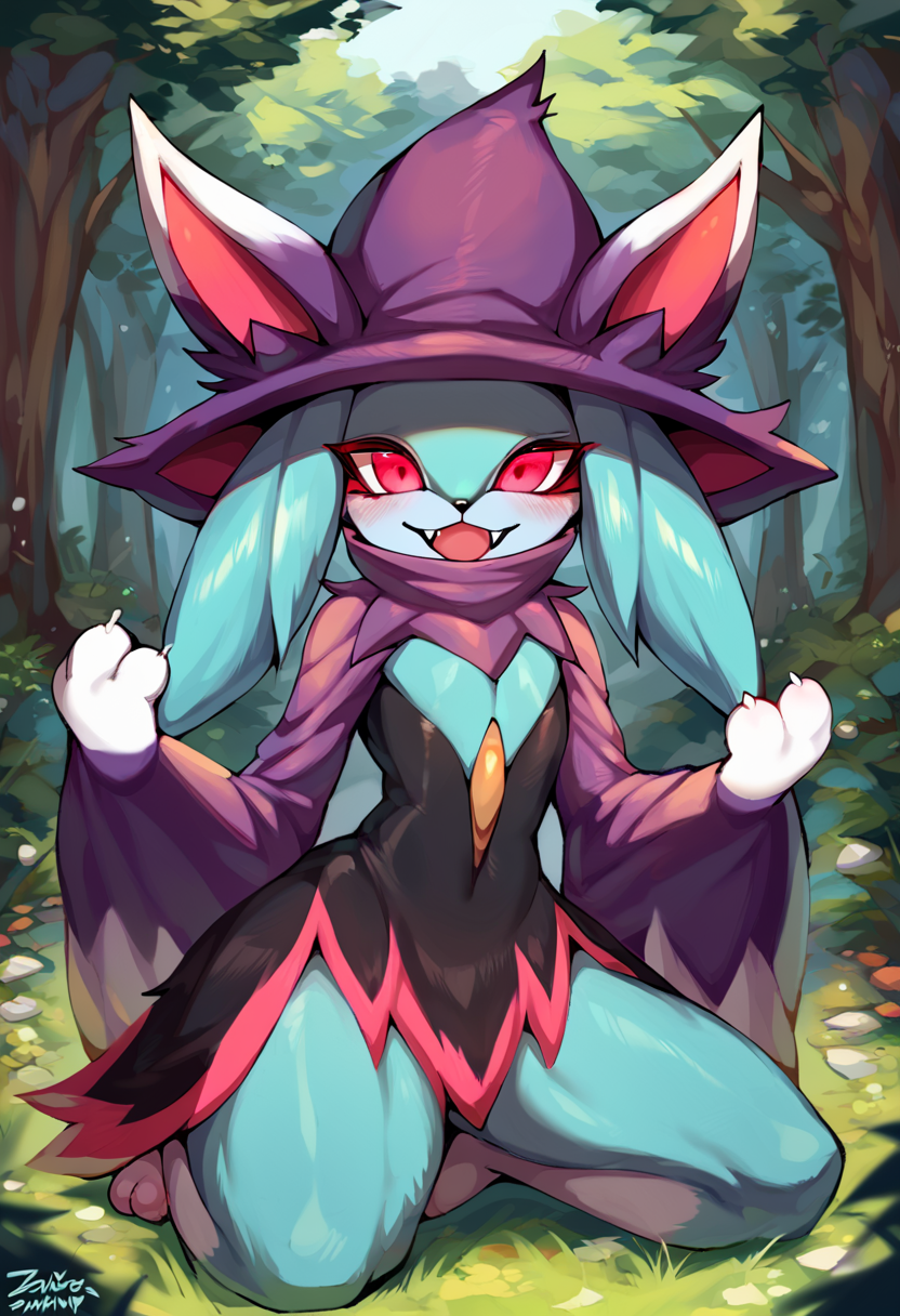 <lora:PW_Katress_a1_8_PonyXL_spnckpt1_th-1.4>,<lora:PDXL_artist_tags_v2_big>,score_9,score_8_up,score_7_up,pwkatress,anthro,female,by zackary911,by syuro,by hanuvo,solo,hi res,detailed background,forest,
flat chested,handpaw,pink eyes,mask off,open smile,kneeling,