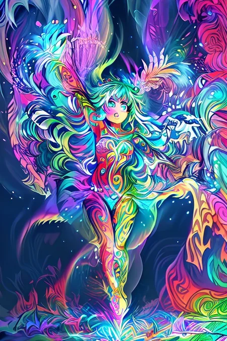 A shaman girl dances in the snow, beats a tambourine. The night sky with the aurora borealis (An image with very contrasting and vivid psychedelic colors) (OverallDetail, DaSa, psychedelic)