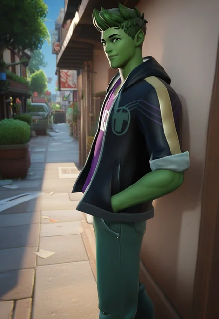 score_9, score_8_up, score_7_up, score_6_up, score_5_up, score_4_up, BREAK <lora:Lunas-FortniteStyle-SDXL-A1:1>,1boy, solo,
garfield_logan, green skin, short spiky green hair, green eyes,black hoodie with "T" symbol, Purple shirt with the word "BEAST", slim-fit green pants with subtle rips and rolled cuffs, black sneakers with white soles and laces,
daylight, city center, standing, posing, street,looking at viewer, upper body view,